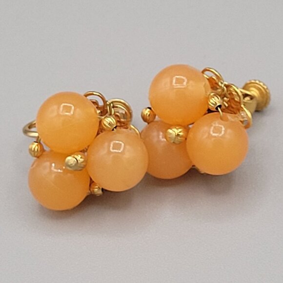 Hobe Vintage Triple Beaded Earrings Clip On Orange Gold Tone Signed - Picture 4 of 8
